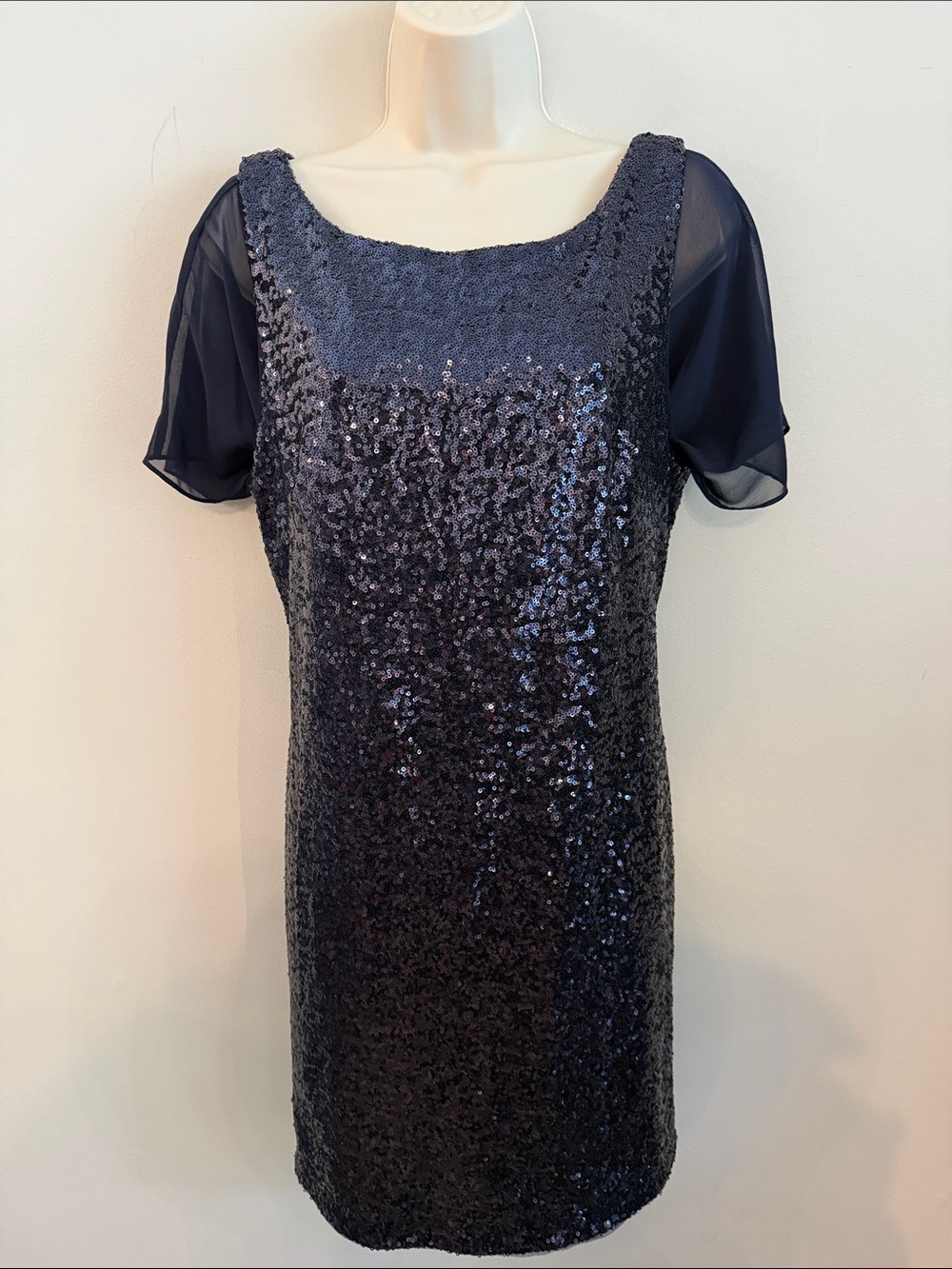 Betsy & Adam Navy Sequin Eveing Cocktail Dress with Sheer Sleeves Size 12